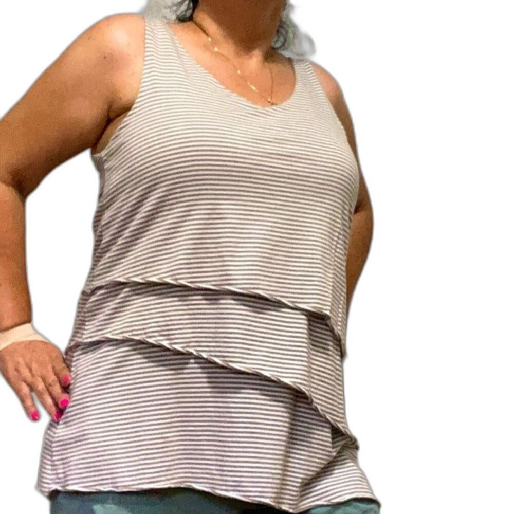 GARNET HILL Pima Cotton Modal Taupe Striped Tiered Tunic Tank Womens Medium